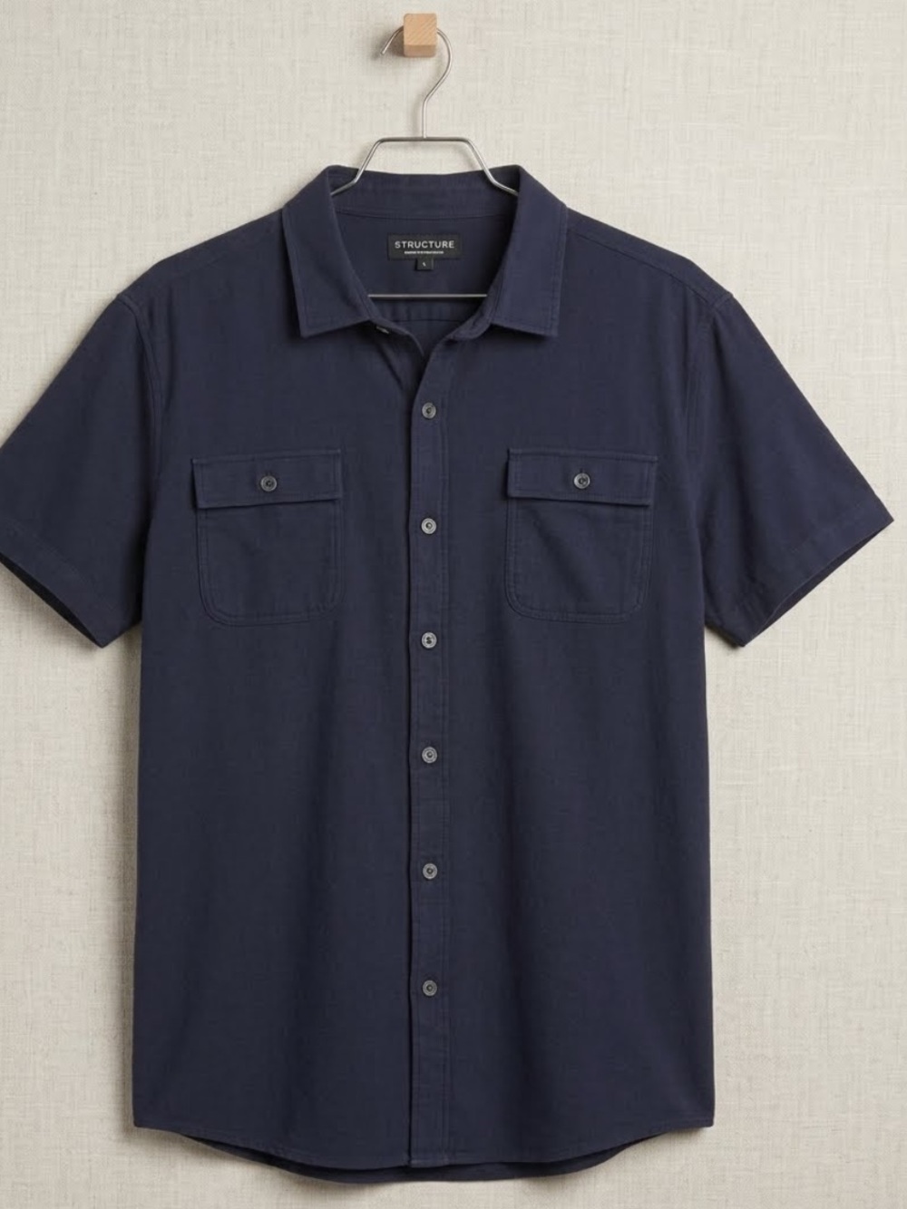 Structure Men's Navy Short Sleeve Button-Front Shirt with Chest Pockets - size L